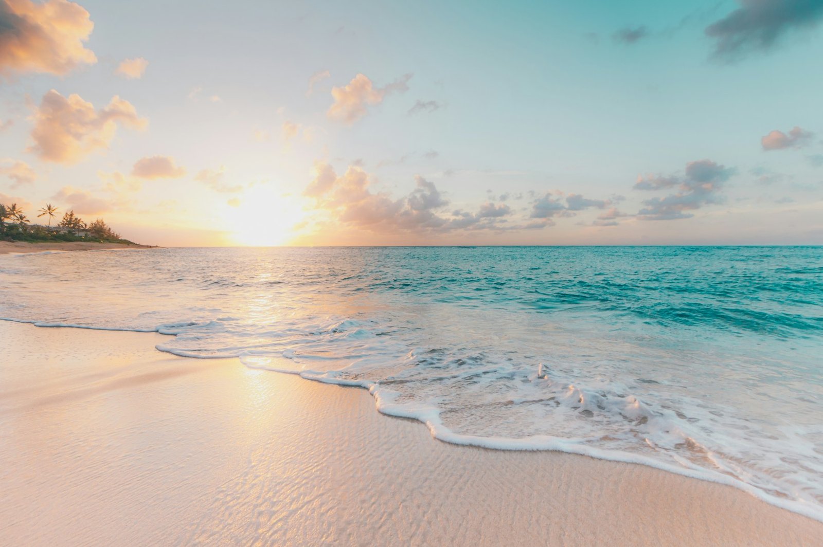 Warm ocean shoreline at sunset